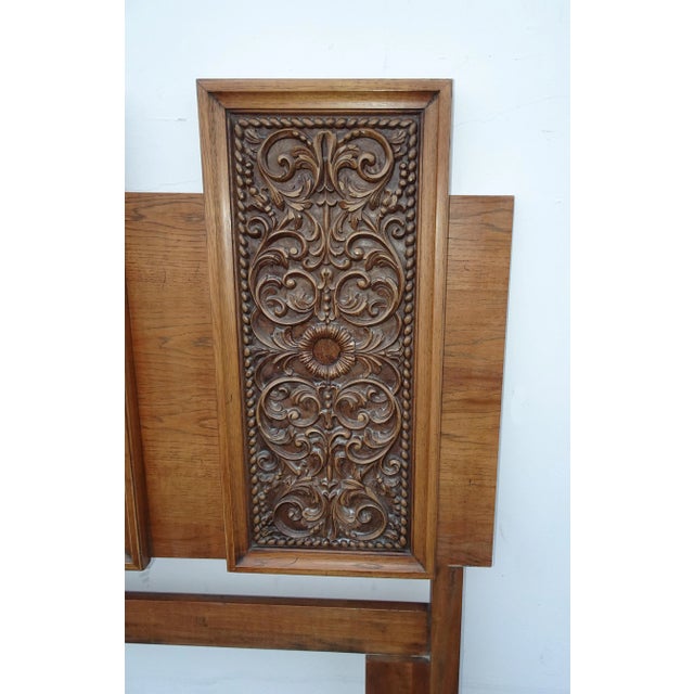 Vintage Drexel Mid-Century King Size Headboard Spanish Style W Five Carved Panels For Sale In Los Angeles - Image 6 of 13