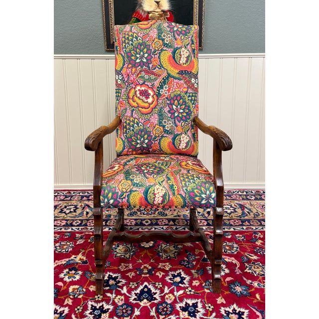 Antique Pair of Catalan Style Carved Oak Recently Upholstered Armchairs C. 1920s For Sale - Image 9 of 18