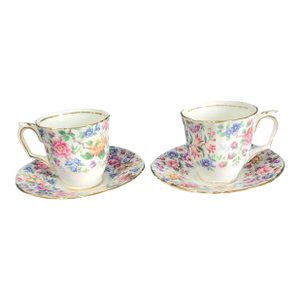 Vintage Crown Staffordshire Fine Bone China Floral Springtime Coffee Cups & Saucers Set- 4 Pieces