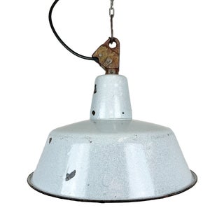 Industrial Grey Enamel Factory Hanging Lamp with Cast Iron Top, 1960s For Sale