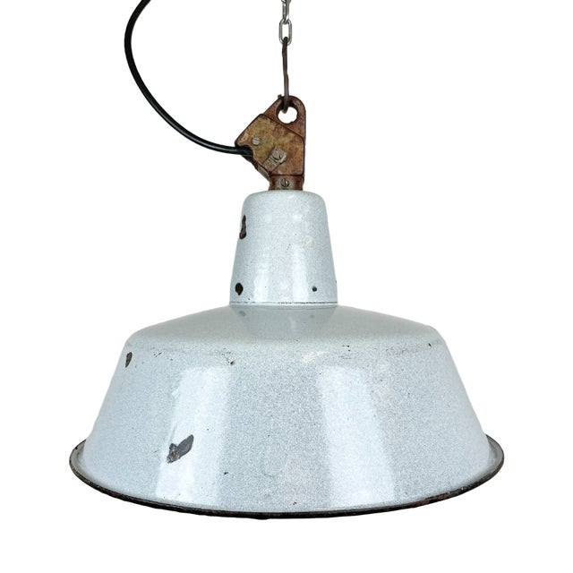 Industrial Grey Enamel Factory Hanging Lamp with Cast Iron Top, 1960s For Sale