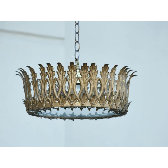 Metal Mid 20th Century Spanish Gilt Metal Crown Chandelier with Elongated Leaves, US Wired For Sale - Image 7 of 12