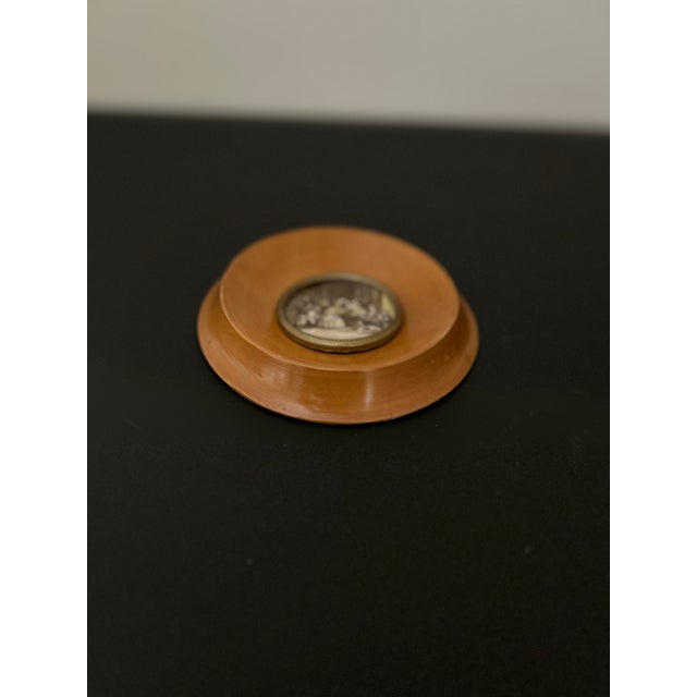 Wood Vintage Spanish Pastoral Wall Plaque, Wood Framed Medallion With Metal Inset, Figural Interior Scene, 4.875" Round For Sale - Image 7 of 8