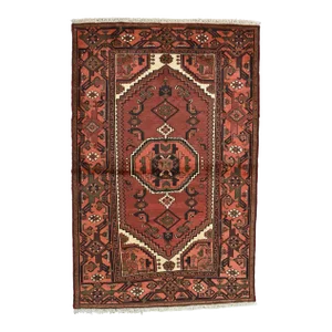Hamedan Rug 4'4'' X 6'7'' Red Wool Vintage Tribal Hand-Knotted Oriental Carpet