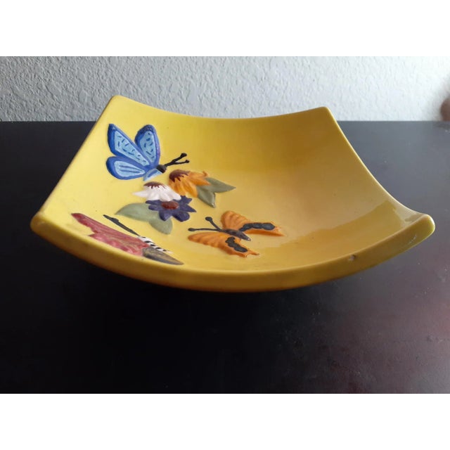 Contemporary 1950s Embossed Butterfly Curved Yellow Ceramic Plate For Sale - Image 3 of 10