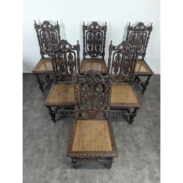 Henri II Chairs in Openwork Carved Oak with Caned Seats, Set of 6 For Sale - Image 4 of 11