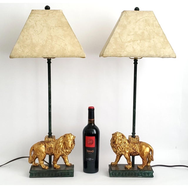 Art Deco Lamps Gold Leaf Lions & Shades Pair For Sale - Image 3 of 12