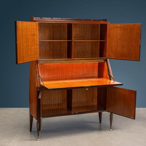 A 1950s Italian-made drop-leaf cabinet with an important exotic wood veneer and precious Citronnier inlays and brass...