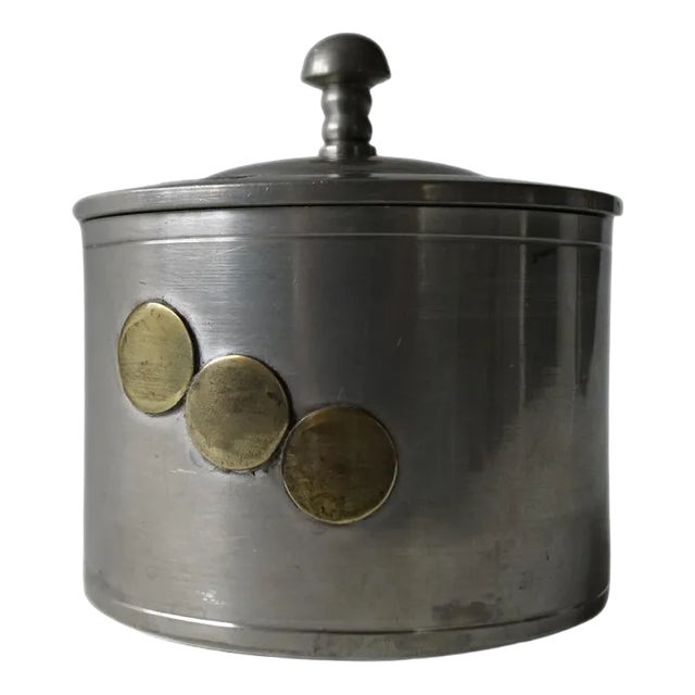 Antique Art Deco Pewter Container with Lid and Brass Details from Gab, Sweden, 192 For Sale