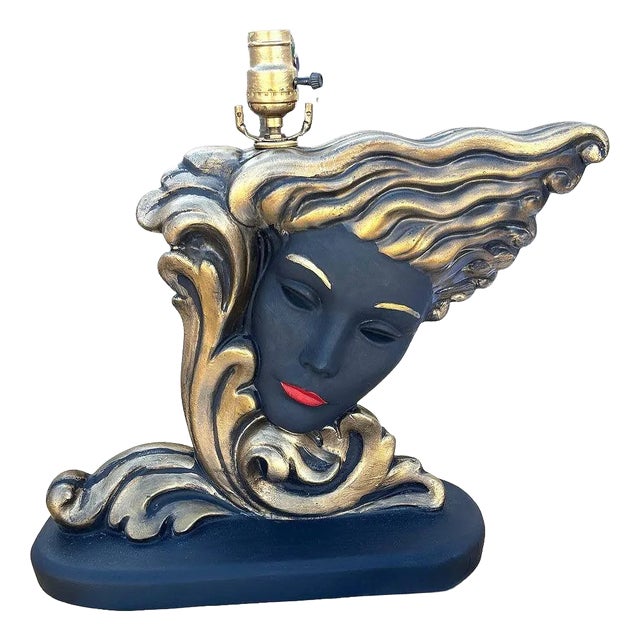 Mid-Century Female Portrait Sculptural Chalkware Table Lamp For Sale