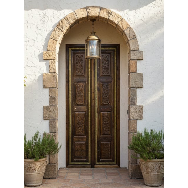 Wood Antique Indian Temple Doors Hand Carved Om Double Doors – Ornate Rustic Wood Entryway 82 For Sale - Image 7 of 7