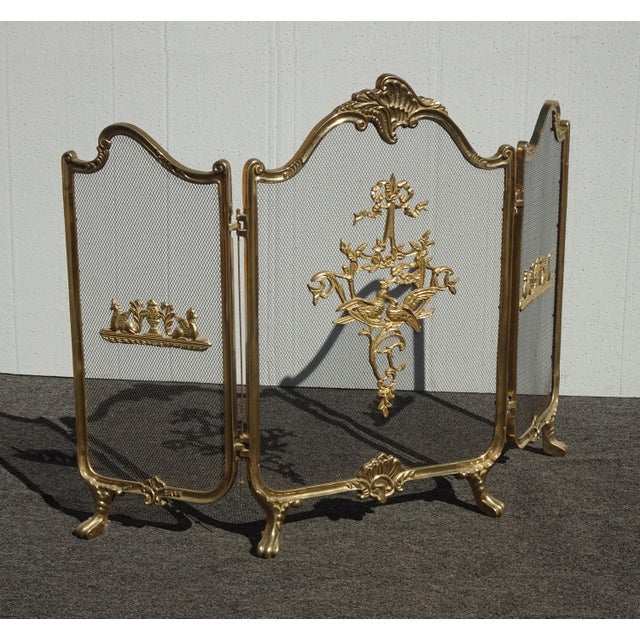 French Provincial Vintage French Provincial Ribbons Love Birds Gold Brass Fireplace Screen #1 For Sale - Image 3 of 15