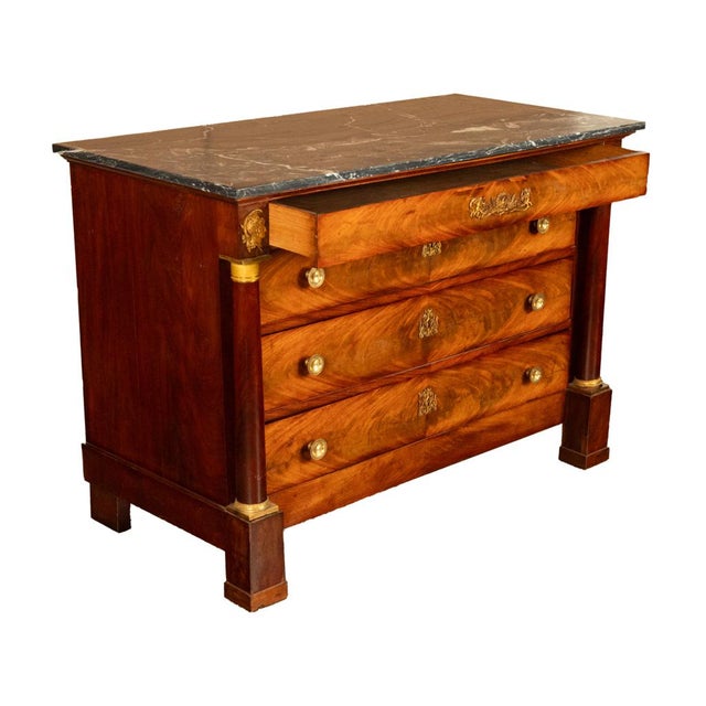 Brown Antique French Empire Mahogany Marble Top Ormolu Commode Chest of Drawers 1810 For Sale - Image 8 of 17