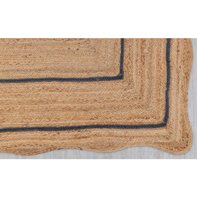 Boho Chic Navy Natural Jute Wave Scallop Rug 3x12 Ft. For Sale - Image 3 of 12