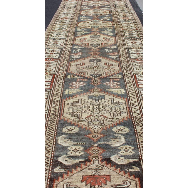 Textile Long Persian Kurdish Runner With Medallion Design in Charcoal, Ivory and Red For Sale - Image 7 of 14