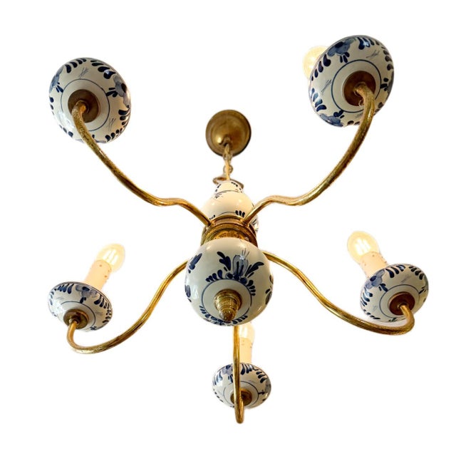 Delft Vintage Dutch Delft Blue & White Porcelain Patinated Brass 5-Arm Chandelier For Sale - Image 4 of 4