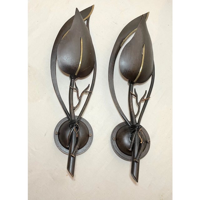 Contemporary Pair of Handmade Italian Bronze Patinated Cast Iron Leaf Wall Sconce Fixtures For Sale In New York - Image 6 of 18