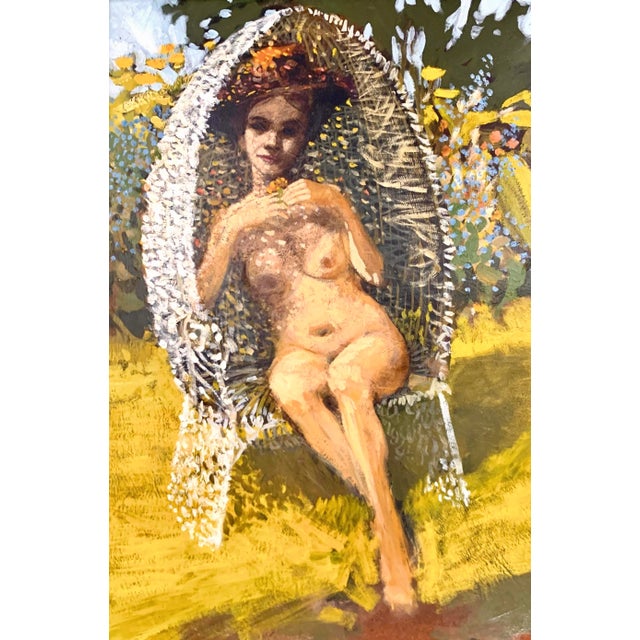 This beautiful signed and framed painting depicts a nude lady in a garden surrounded by nature. The artist has captured...