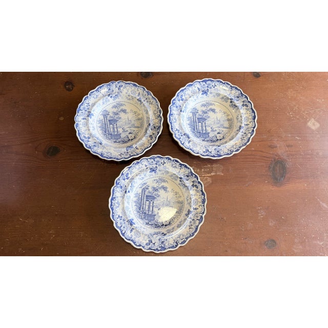 Antique Staffordshire Blue Transfer "Corinthian" Pattern Soup Bowls, Set of Three, Circa 1820s–1840s For Sale - Image 11 of 12