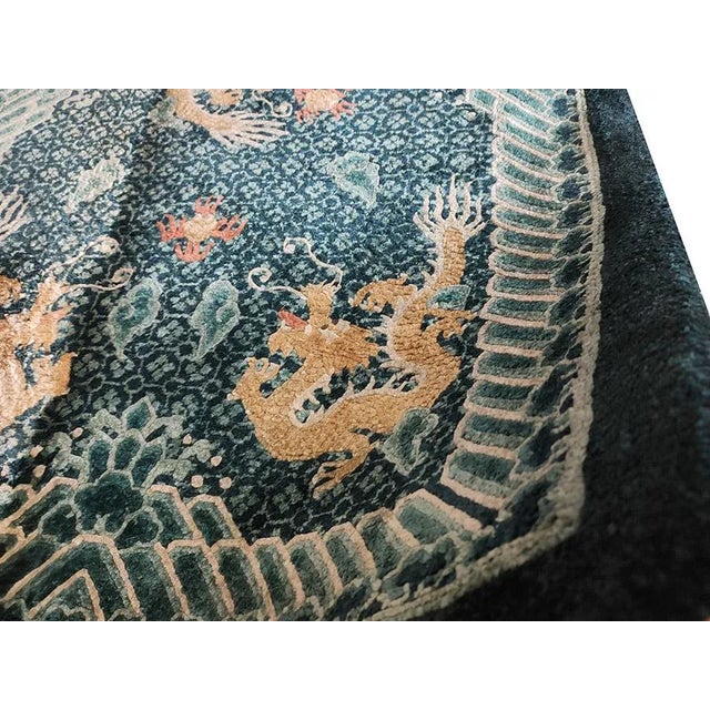 1980s Blue Dragon Vintage Silk Chinese Carpet 3' X 5 Knotted Pile Wool Rug For Sale - Image 9 of 9