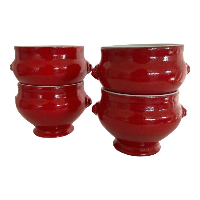 Vintage Emile Henry Traditional Lion Head Deep Red Soup Cauldrons Bowls Pottery - Set of Four For Sale