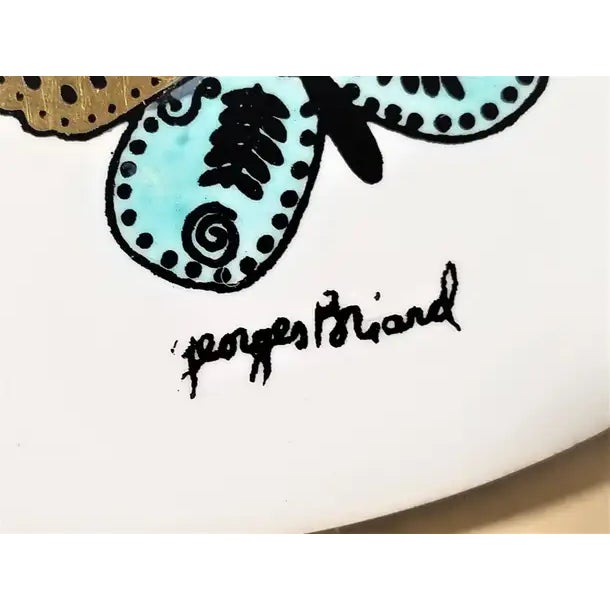 Rare Mid Century 1960s signed Georges Briard cheese serving plate or platter with Knife. Ceramic plate with gold gilded...