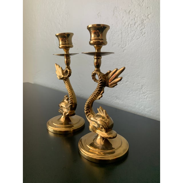 Hollywood Regency Mid 20th Century Asian Brass Finish Metal Koi Taper Candle Holders, A Pair For Sale - Image 3 of 8