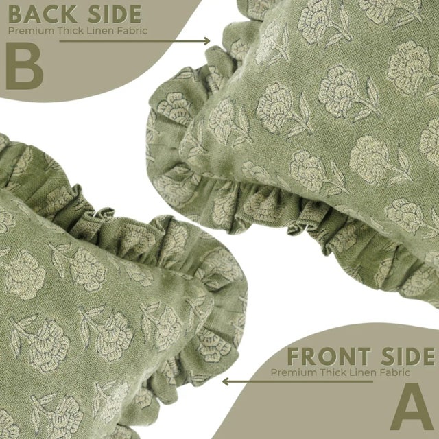 Not Yet Made - Made To Order Fabdivine Ethnic Block Print Frill Cushion Cover Green 22x22 Inch Thick Linen- Rohini For Sale - Image 5 of 5