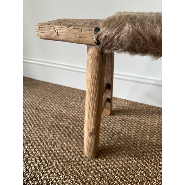 Wood Antique Asian Shandong Elm Bench With Hide Upholstery For Sale - Image 7 of 12