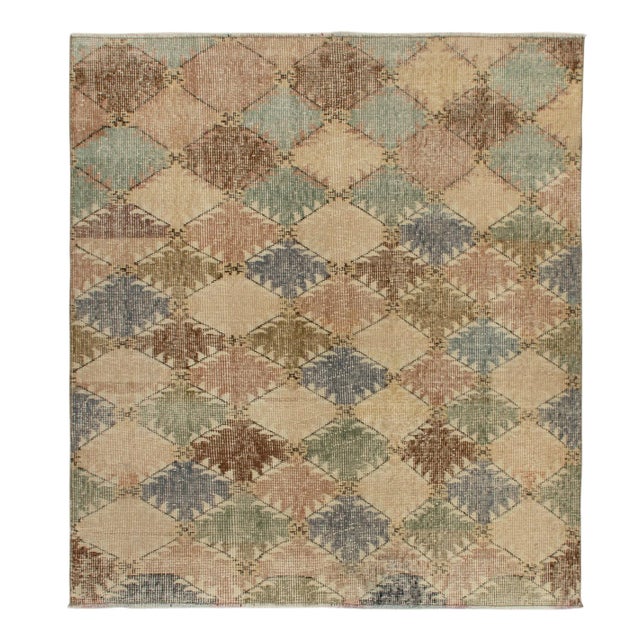 Textile 1960s Distressed Vintage Rug in Beige-Brown, Blue, Green Diamond Patterns For Sale - Image 7 of 7