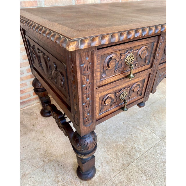 19th Century French Renaissance Hand Carved Desk or Writing Table with Carved Structure and Iron Stretcher For Sale - Image 12 of 18