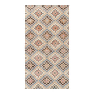 Hand-Knotted Vintage Mid Century Distressed Rug in Peach, Blue Diamond Pattern For Sale