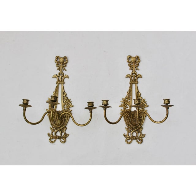 Vintage Russian Style Brass Ornate Three Candle Candelabra Wall Sconce-A Pair For Sale - Image 4 of 12