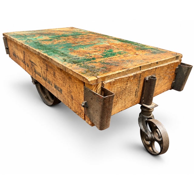 Industrial Early 20th Century Globe Vise & Truck Co. Industrial Original Patina Green Oak Factory Cart For Sale - Image 3 of 18