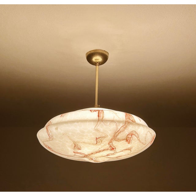 Art Deco pendant lamp , mottled ivory / light amber UFO shaped marble glass shade with darker veins, darker veins,...
