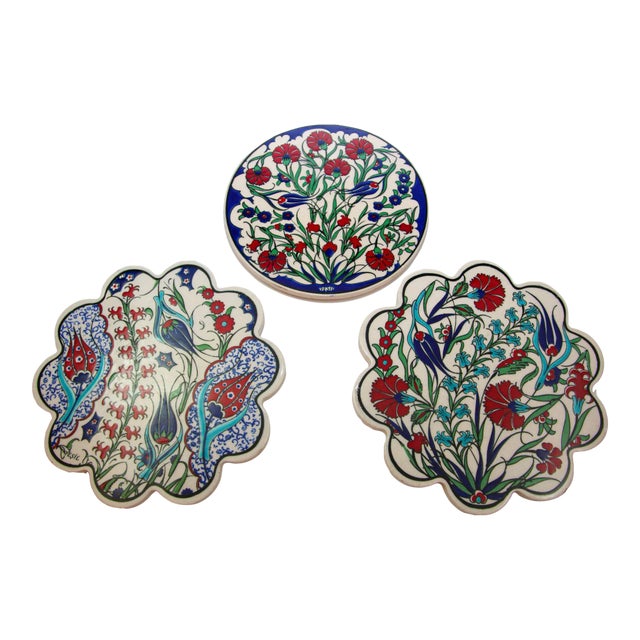 Turkish Iznik Style Ceramic Tiles Set of 3 For Sale