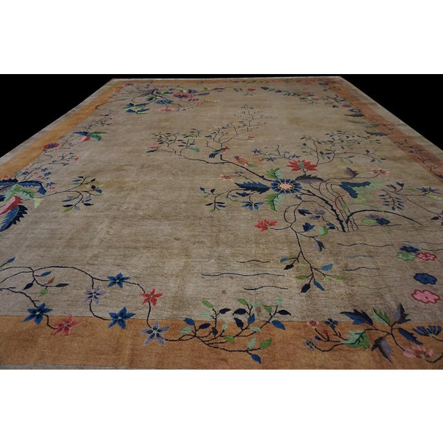 Beige Floral Antique Chinese Art Deco Rectangle Large 1920s Hand Knotted Rug For Sale - Image 9 of 12
