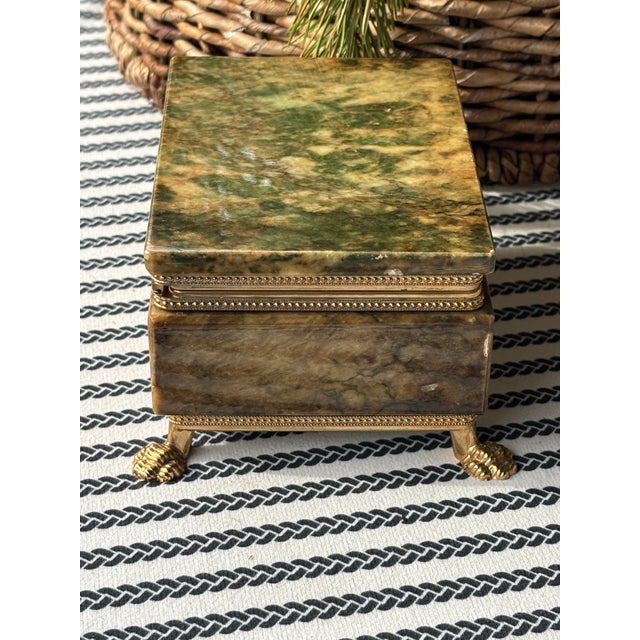 Mid-Century Italian Grand Tour Green Alabaster Box With Brass Paw Feet For Sale - Image 10 of 15