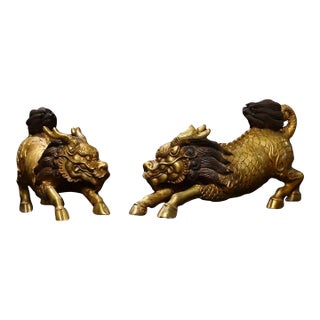 Pair of Antique Gilt Bronze Qilin Statues, Mythical Beast Figures, 2.3kg For Sale