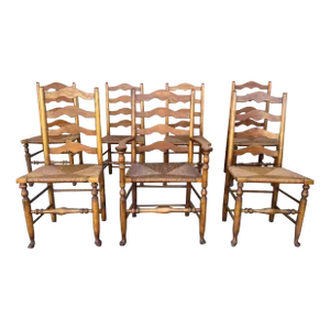Mid 20th Century Vintage Stickley Ladder Back Rush Seat Dining Chairs- Set of 7
