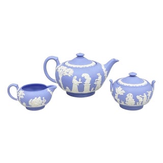 Antique Wedgwood Blue Jasperware Tea Set W/ Tea Pot Creamer Sugar Bowl 3 Pc Set For Sale