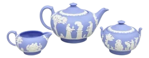 Antique Wedgwood Blue Jasperware Tea Set W/ Tea Pot Creamer Sugar Bowl 3 Pc Set