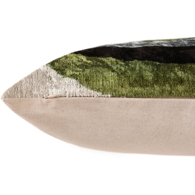 Handmade Olive Green & Charcoal Ikat Velvet Lumbar Pillow 16x24 | Modern Organic Accent For Sale In San Francisco - Image 6 of 8