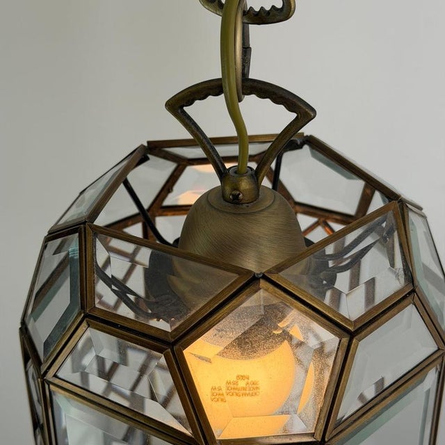 Art Deco Italian Revival Brass and Beveled Glass Lantern, 1970s For Sale - Image 11 of 18