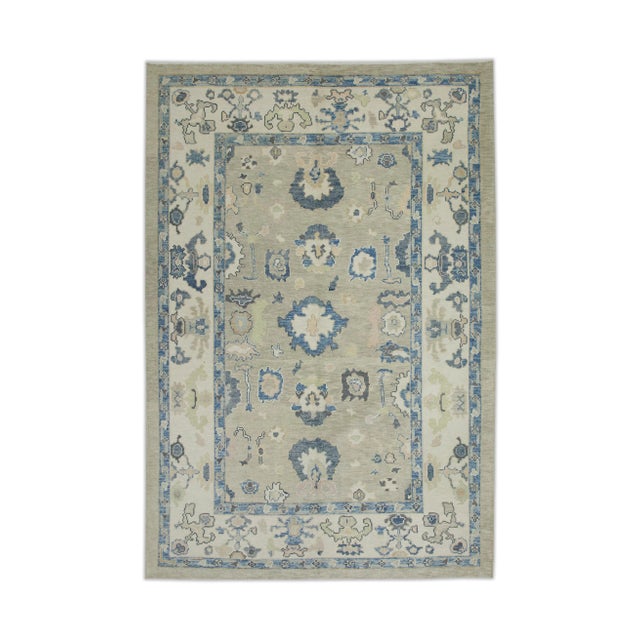 Textile Early 21st Century Green & Blue Floral Design Handwoven Wool Turkish Oushak Rug 6'3" X 8'6" For Sale - Image 7 of 7