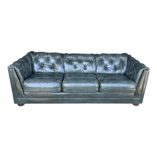 Vintage Dark Green Leather English Club Sofa With Tufted Back & Rich Patina For Sale