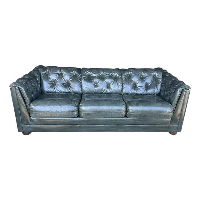 Vintage Dark Green Leather English Club Sofa With Tufted Back & Rich Patina For Sale