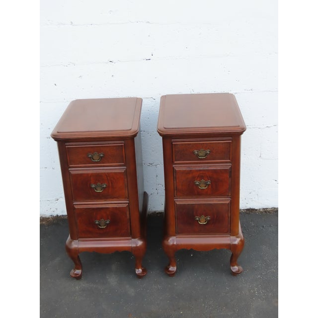 Tall Narrow Queen Anne Burl Walnut Nightstands End Bedside Tables a Pair 6659 For Sale - Image 12 of 18