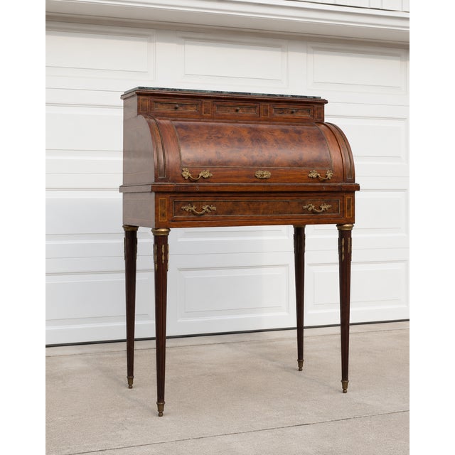 French Vintage Louis XVI Solid Wood Cylinder Desk With Rich Mahogany Finish and Green Marble Top For Sale - Image 3 of 7