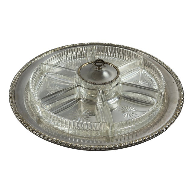 Vintage Cut Crystal and Silver Plated Appetizer Tray, 1960s For Sale